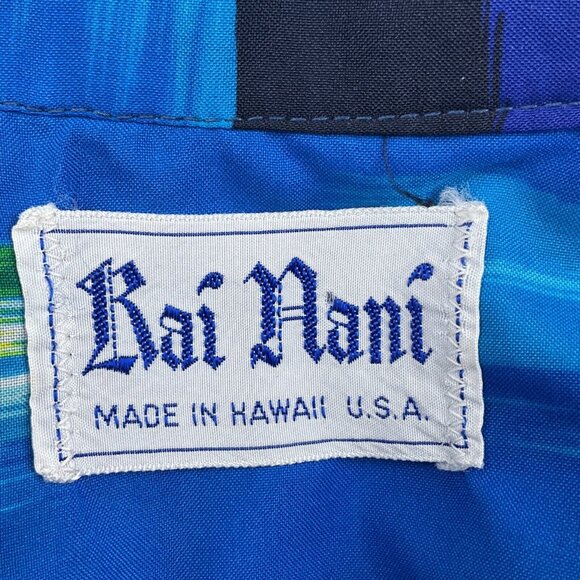 Rai Nani Shirt Men XLarge Blue Yellow Hawaiian Palm Aloha Camp Sun Palm Boat VTG - Picture 4 of 8